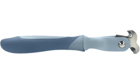 Sidevisning af grå filterkniv til kat med slankt ergonomisk håndtag og rustfri stålblade til skånsom pleje, også kattetegn.