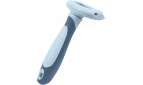 Sidevisning af grå og blå fældekam til katte med ergonomisk håndtag, komfortabel til pelspleje.