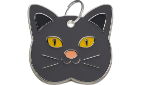 Personligt kattetegn formet som en British Shorthair, lavet af let zinklegering og designet som navneskilt til katte.