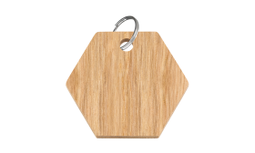 Træ kattetegn i sekskant med glat, ikke-giftig finish og sølv splitring, tilpasningsbar med kats navn og detaljer.