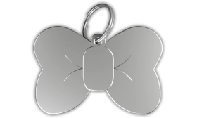 Sløjfeformet sølv kattetegn i aluminium med splitring. Personligt ID-tegn indgraverbart med din kats navn.